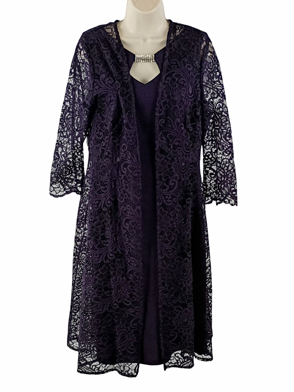 Dark Purple 2 Piece Lace Midi Dress with Jewel Neck Accent